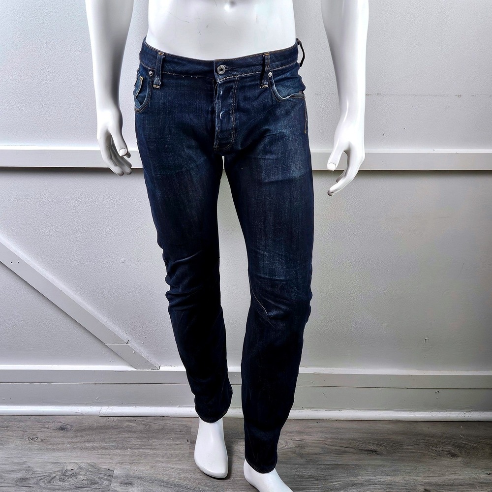 G-Star RAW Arc 3D Slim Mens Button Fly Dark Wash Indigo Twisted Seam Jeans 30x32